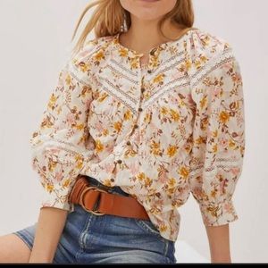 Anthropologie size M harmony lace floral peasant blouse cottage core top medium
